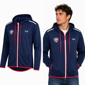 TYR USA Water Polo Zip Hoodie Jacket Swim Mens M Navy Blue Stretch Team Issued